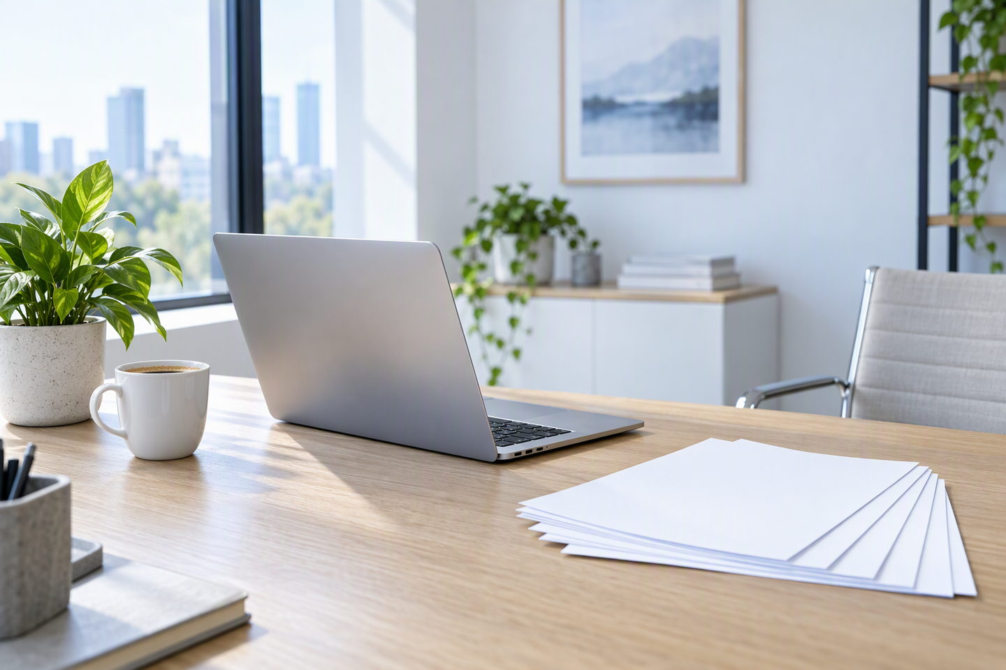A bright modern office desk with an open laptop, a stack of documents and a cup of coffee